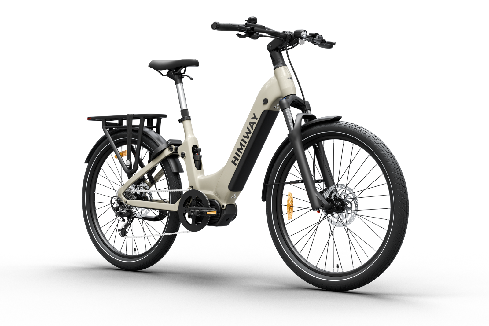 Himiway A7 Pro in Beige – Urbanes E-Bike mit breiten Reifen, Gepäckträger und bequemer Sitzposition – gemacht für entspannte Fahrten durch Stadt und Wochenende