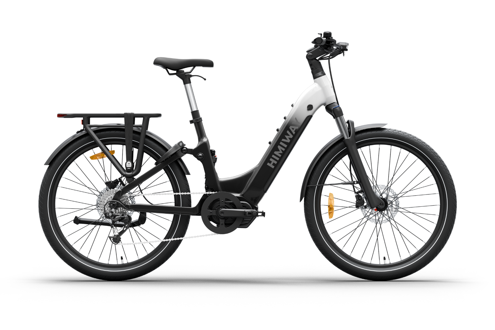 Himiway A7 Pro mit Farbverlauf in Weiß und Schwarz – Urbanes Step-Thru E-Bike mit Gepäckträger, breiten Reifen und stilvollem Design für Pendler mit Anspruch