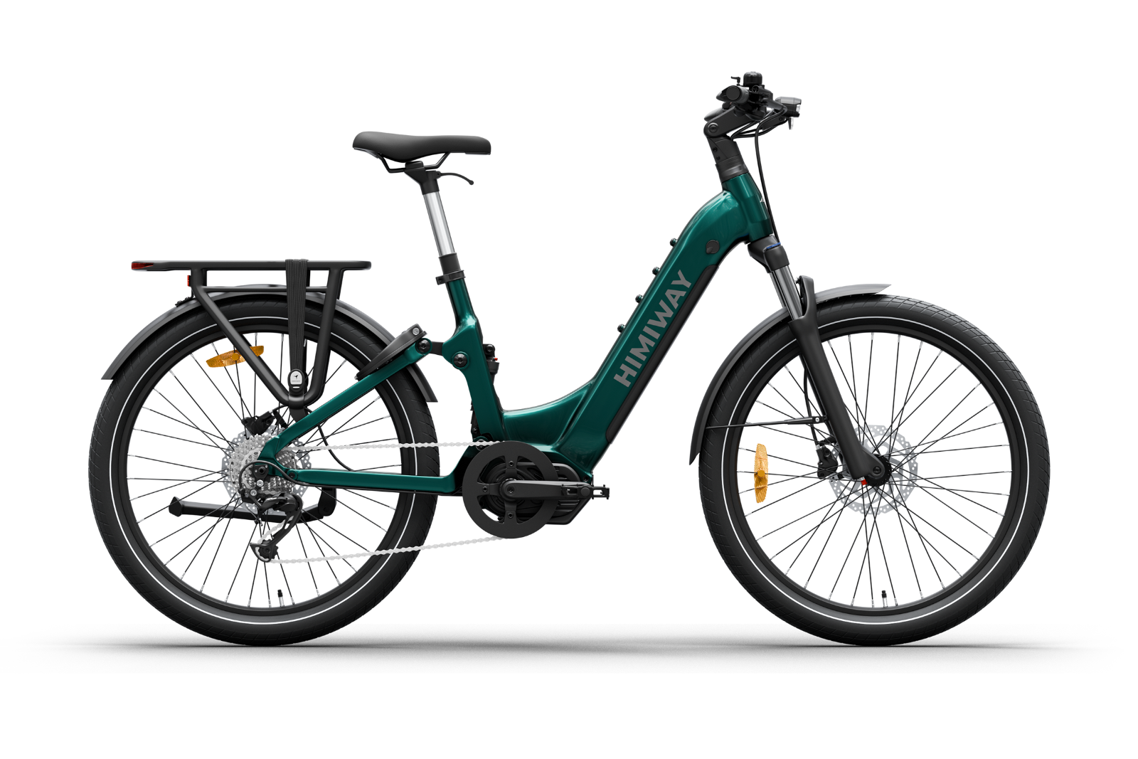 Himiway A7 Pro in Grün – Urbanes Step-Thru E-Bike mit Mittelmotor, Gepäckträger und breiten Reifen, gemacht für den täglichen Weg mit Stil und Komfort