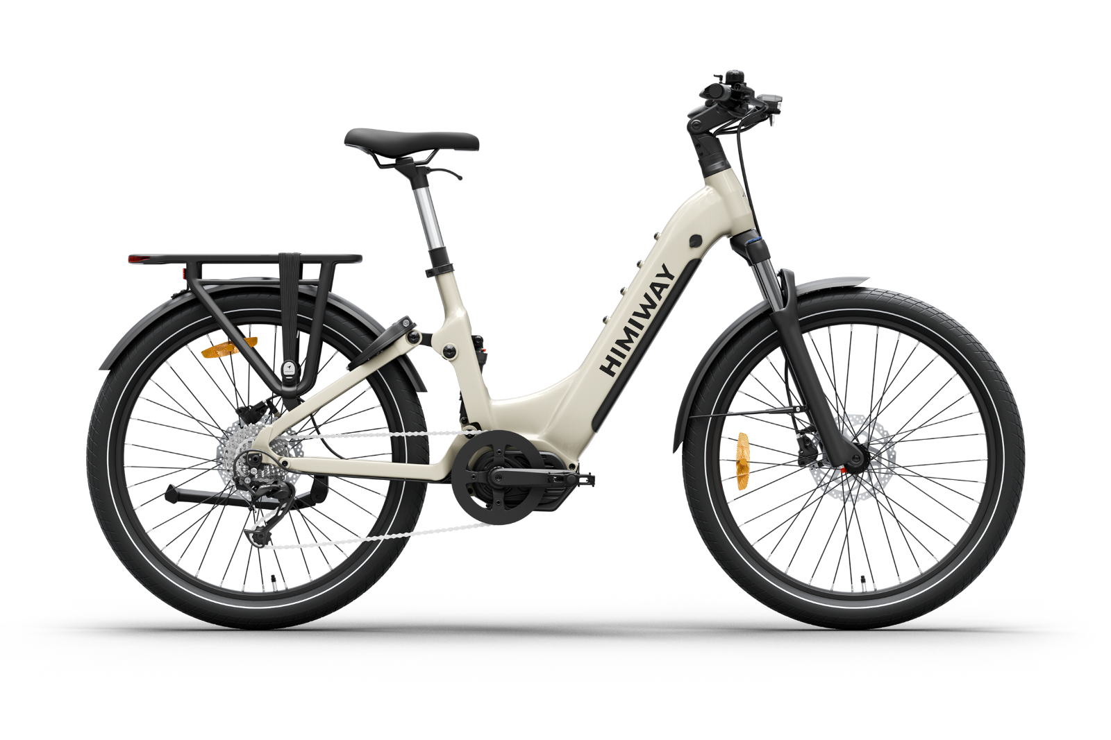 Himiway A7 Pro in Weiß – Urbanes E-Bike mit tiefem Einstieg, Mittelmotor und Gepäckträger, gebaut für stilvolle Fahrten durch Stadt und Alltag