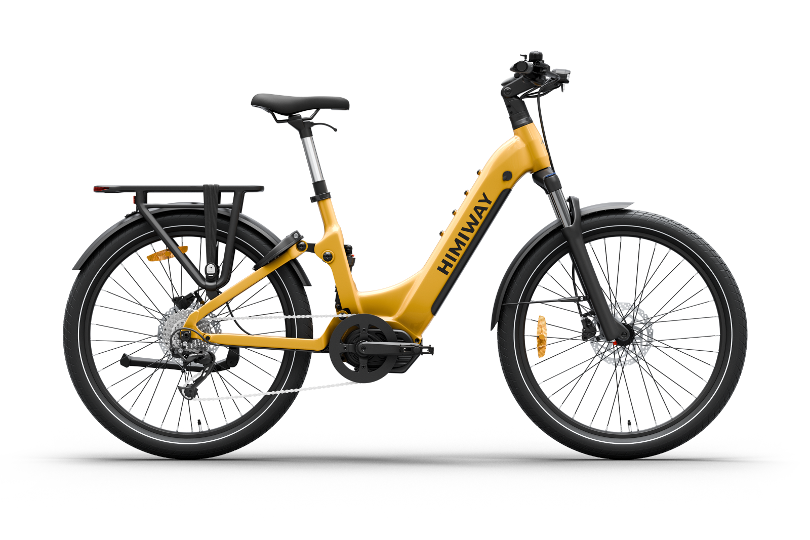 Himiway A7 Pro in Gelb – Auffälliges Step-Thru E-Bike mit Federgabel, Gepäckträger und breiten Reifen, gebaut für stilvolle Fahrten durch Stadt und Natur