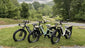 Vier Himiway D5 Zebra Step-Thru E-Fatbikes in Schwarz, Grün und Weiß – geparkt im Grünen, bereit für jedes Gelände von Stadt bis Berg